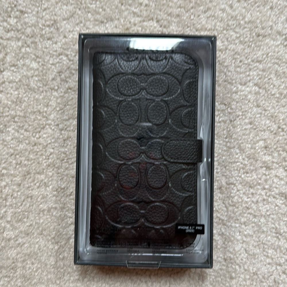 Coach leather folio for iPhone 14 Pro Max, black, 3 card slots, detachable case